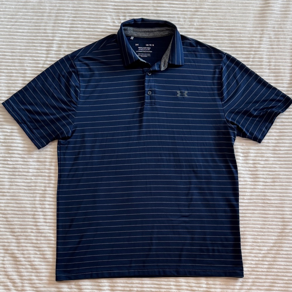 Under Armour The Playoff Polo Navy Gray Stripes Short Sleeve Loose Large